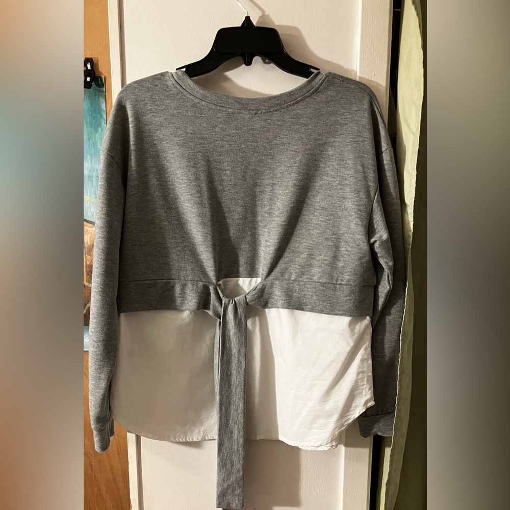 Gray Tie Back  Layered Top with White Panel